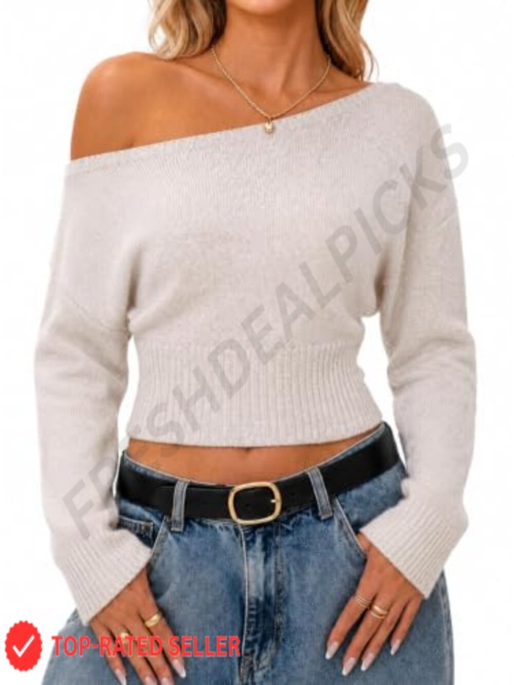 Ribbed Long Sleeve Off Shoulder Cropped Sweater